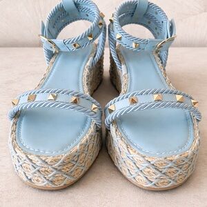 Valentino Rockstud Torchon Espadrille Sandals Baltic Sea Blue Size 38 New